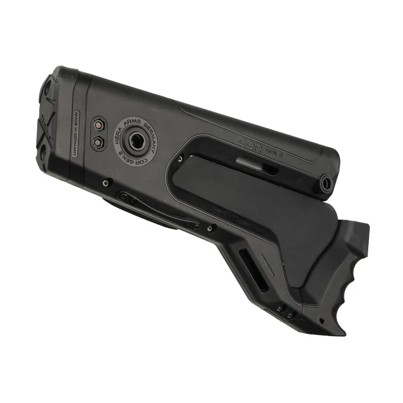 CQR GEN 2.0 (CA) Buttstock BLACK 6 The CQR GEN2.0 Buttstock in black, designed for AR-15/M4 platforms, features an ergonomic and tactical design. This state-compliant version includes a spacer for legality in restricted states like California and New York. Shown pointing right.