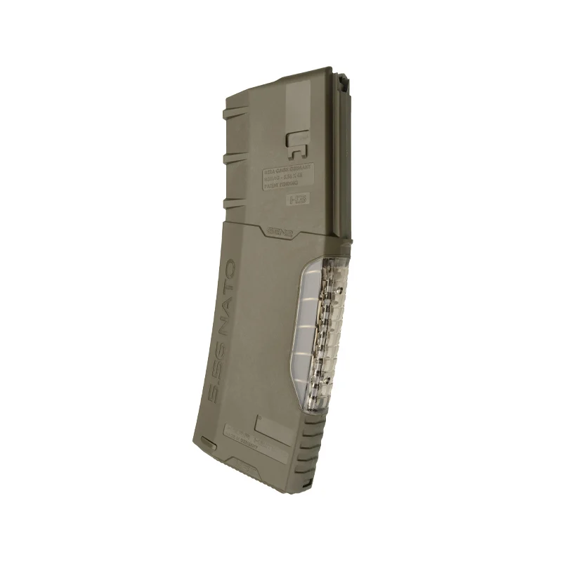 H3MAG-T GREEN 5 Side view of H3MAG-T 30 round AR magazine in olive drab with transparent spine.