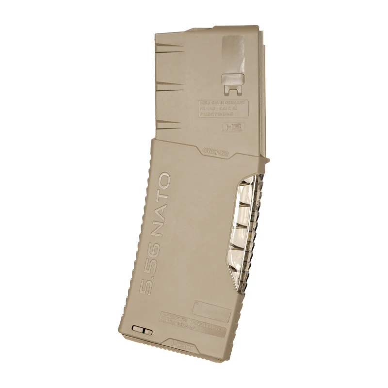 H3MAG-T TAN 6 Flat lay of H3MAG-T in Tan, AR 30-round magazine with transparent spine, side view