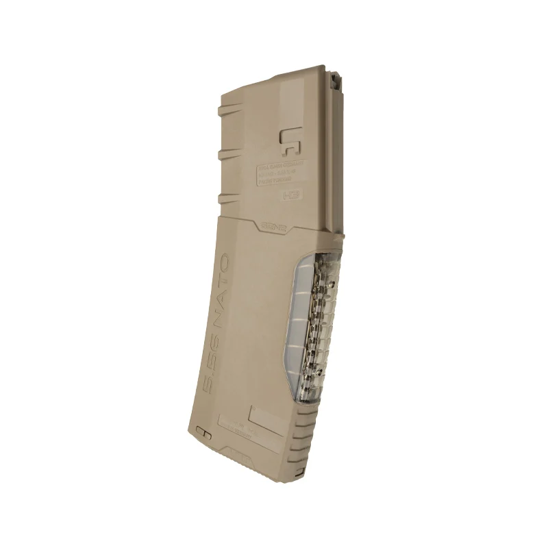 H3MAG-T TAN 5 Angled view of H3MAG-T in Tan AR 30 round magazine with transparent spine