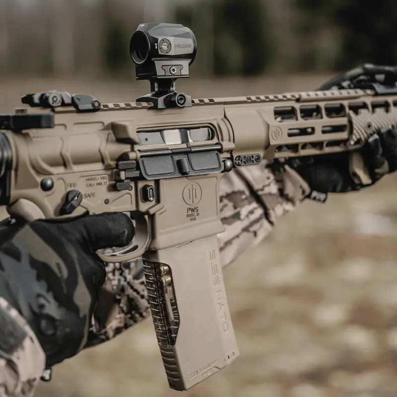 H3MAG-T BLACK 8 Shooter at range using Hera Arms H3MAG-T Flat Dark Earth 30-round AR-15 magazine with transparent, textured spine, compatible with 5.56, .223, and 300 Blackout