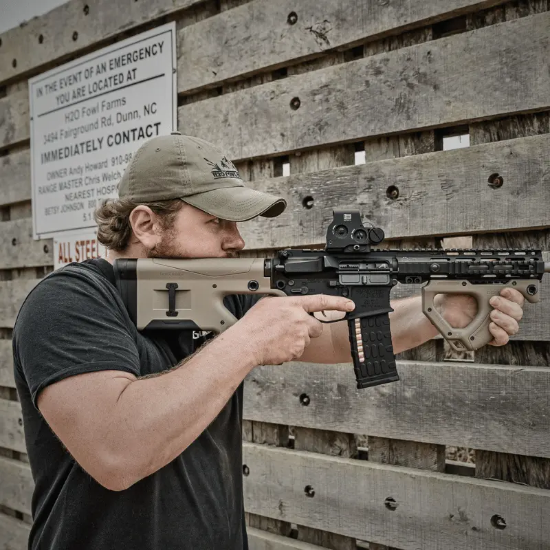 CQR GEN 1.0 (CA) Buttstock TAN 7 Tactical shooter using Hera Arms CQR Gen 1.0 Flat Dark Earth buttstock for stable cheek weld on AR-15 rifle.