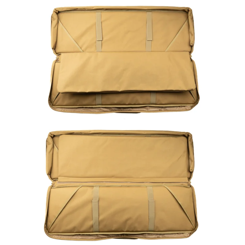 Bag and Mag Bundle 5 Interior of 42" coyote rifle bag with partition for two rifles and hold down straps.
