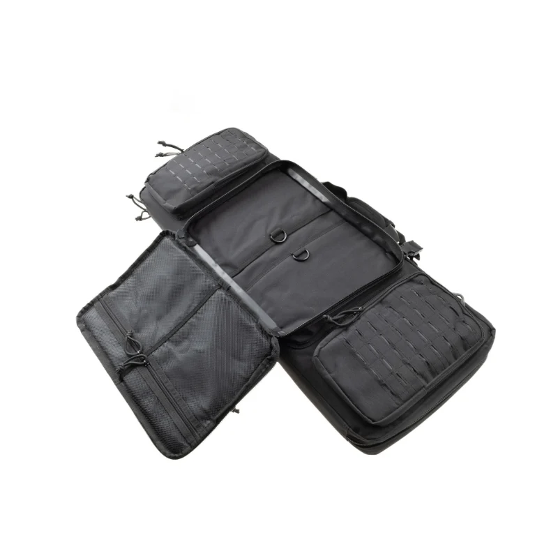 Bag and Mag Bundle 18 Open front flap of 33" small double rifle bag in obsidian (black) with pockets.